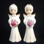 Pair 1950s Japan Angel Figurines Holding Bouquets or Nosegays