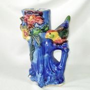 Bird on Flowered Tree Stump Pottery Vase Planter