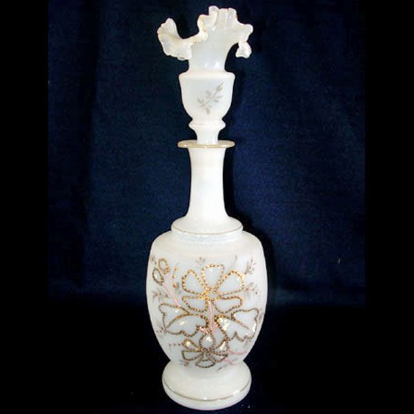 Bristol Glass Enameled Ruffled Top Perfume or Dresser Bottle