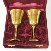 Pair Engraved Brass Goblets in Velvet Case