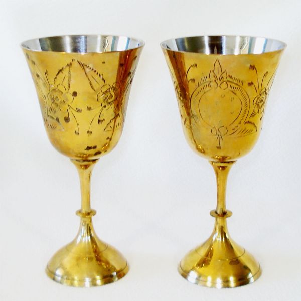 Pair Engraved Brass Goblets in Velvet Case #3