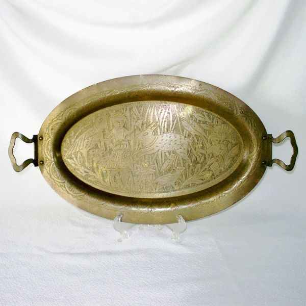 Persian Style Brass Tray Engraved Hunter, Animals Scene Clearance