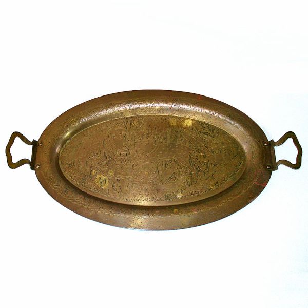 Persian Style Brass Tray Engraved Hunter, Animals Scene Clearance #3