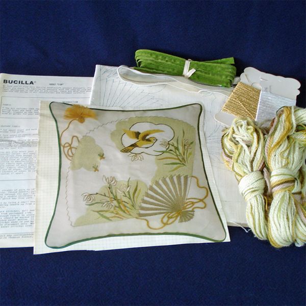Bucilla Fan Crewel Embroidery Pillow Kit 1970s Clearance #2