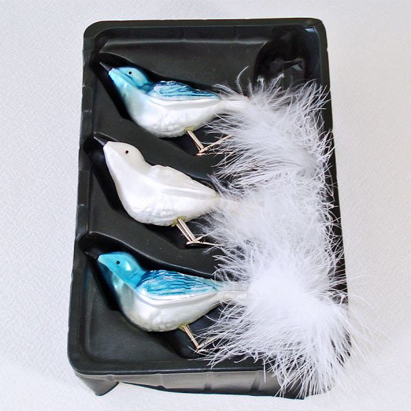 Blue White 3 Clip On Bird Christmas Ornaments Feather Tails