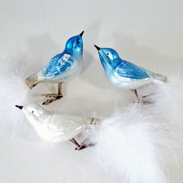 Blue White 3 Clip On Bird Christmas Ornaments Feather Tails #2