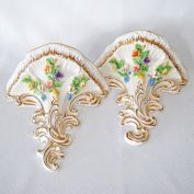 Italian Fine Porcelain Wall Bracket Shelves Pair Applied Flowers