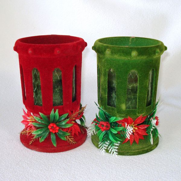 Flocked Red Green Pair Christmas Candles Retro 60s #2