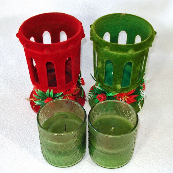 Flocked Red Green Pair Christmas Candles Retro 60s #3