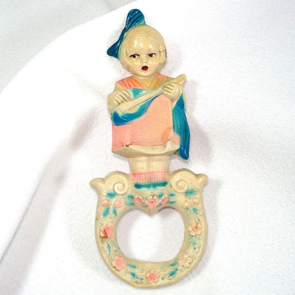 Antique Viscoloid Celluloid Little Girl Baby Rattle Clearance