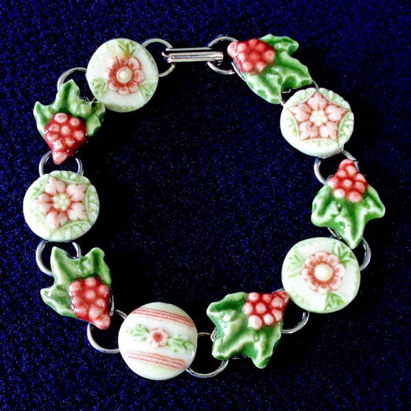 Pink Green Porcelain Flowers Link Bracelet
