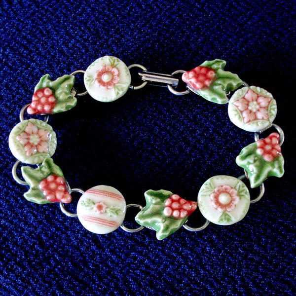 Pink Green Porcelain Flowers Link Bracelet #2