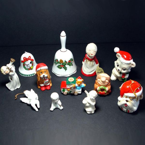 12 Ceramic Christmas Ornaments, Bells, Figures - Dogs, Angels, More #1