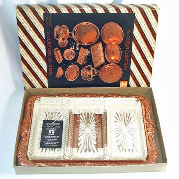 Copper and Glass Relish Serving Tray In Original Box Clearance