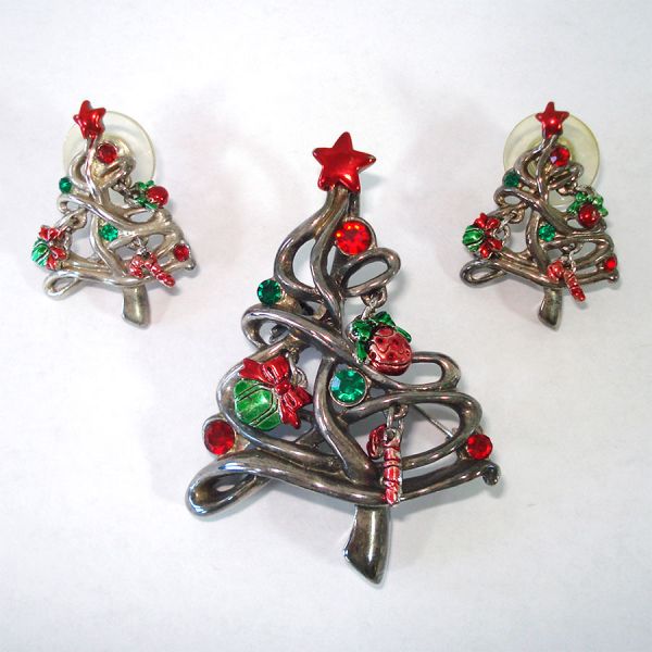 Christmas Tree Rhinestone Brooch Earrings Set With Charms Clearance