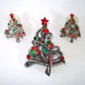Christmas Tree Rhinestone Brooch Earrings Set With Charms