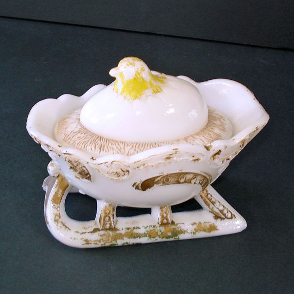 Westmoreland Hatching Chick in Sleigh Antique Mustard Jar #2