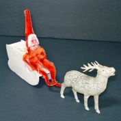 Clay Face Christmas Santa in Cardboard Sleigh, Celluloid Reindeer
