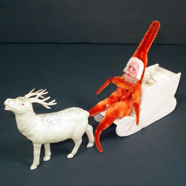 Clay Face Christmas Santa in Cardboard Sleigh, Celluloid Reindeer #2