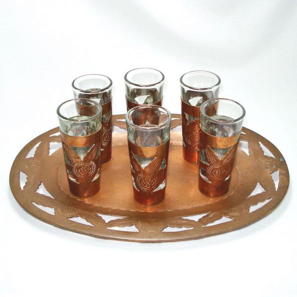 Hand Tooled Copper Over Glass Liqueur or Cordial Set on Tray