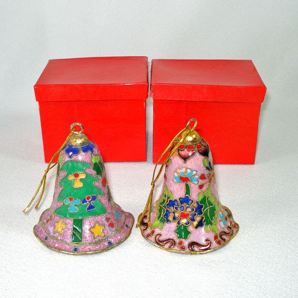 Boxed Pair Cloisonne Bells Christmas Ornaments