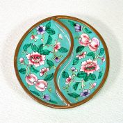 Divided Cloisonne Trinket Dish Pink Flowers on Green