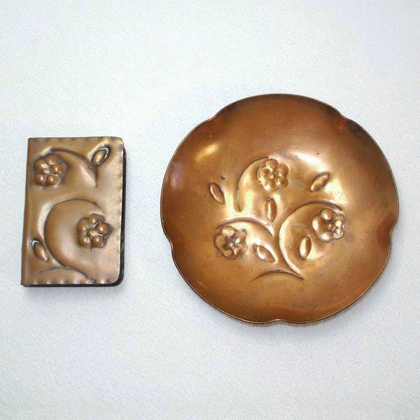 Copper Hand Wrought Ashtray Match Holder Smoking Set Clearance