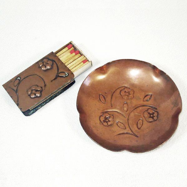 Copper Hand Wrought Ashtray Match Holder Smoking Set #2