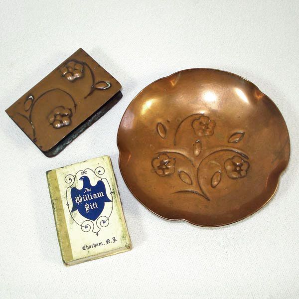 Copper Hand Wrought Ashtray Match Holder Smoking Set #3