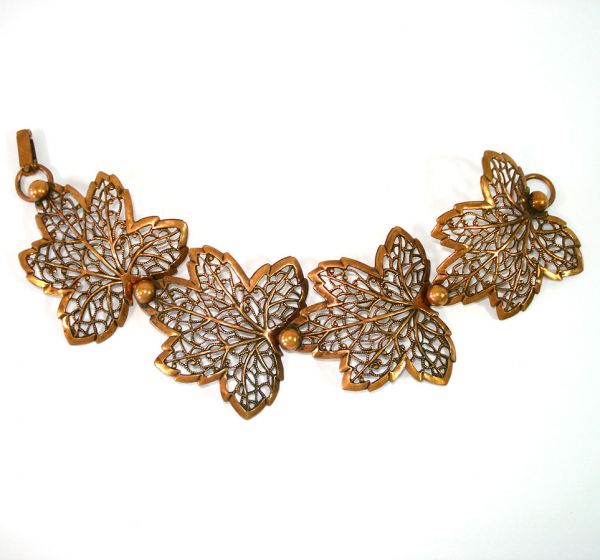 Lacy Copper Leaves Necklace Bracelet Earrings Parure #5