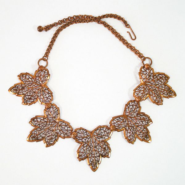 Lacy Copper Leaves Necklace Bracelet Earrings Parure #6