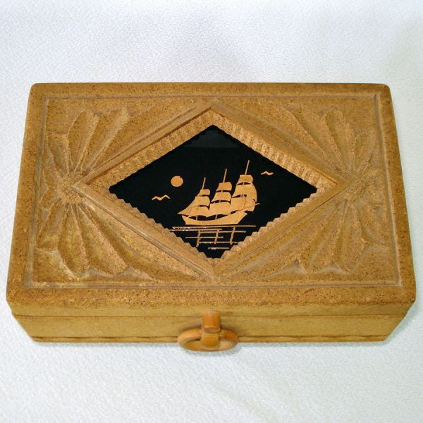 Carved Cork Jewelry or Keepsake Box Landscape Scenes Clearance