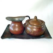 Antique Copper Creamer, Sugar, Tray Set