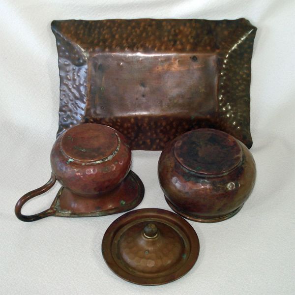Antique Copper Creamer, Sugar, Tray Set #5