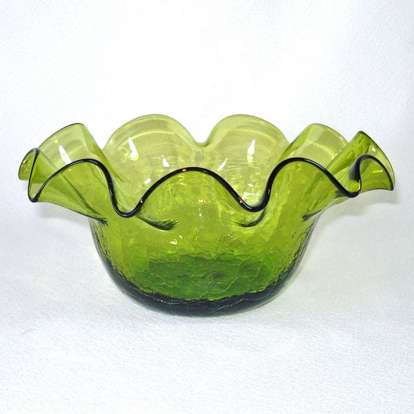 Olive Green Crackle Glass Ruffled Bowl Clearance