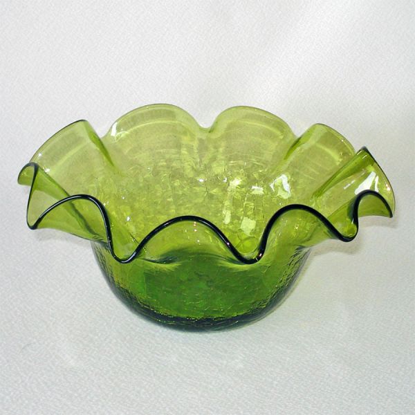 Olive Green Crackle Glass Ruffled Bowl Clearance #2