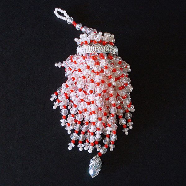 Red, Clear Beaded Vintage Tea Ball Christmas Ornament #3