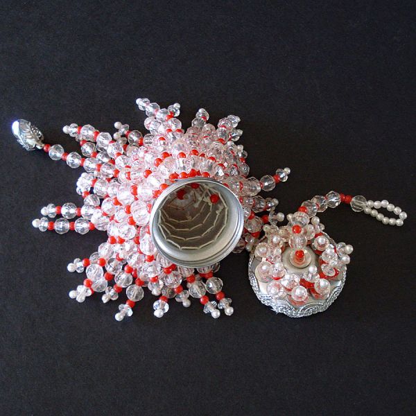 Red, Clear Beaded Vintage Tea Ball Christmas Ornament #4
