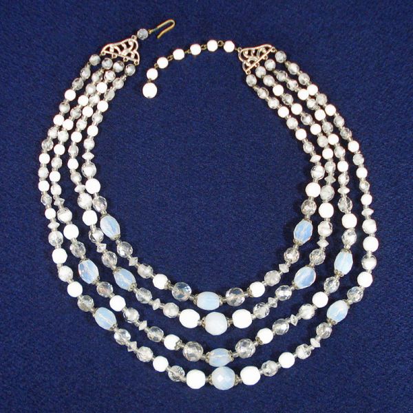 Four Strand 1950s Glass Bead Necklace Clear White Clambroth