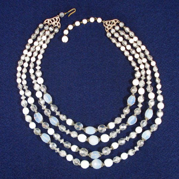 Four Strand 1950s Glass Bead Necklace Clear White Clambroth Clearance