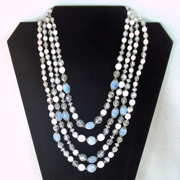 Four Strand 1950s Glass Bead Necklace Clear White Clambroth #2