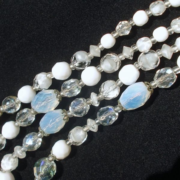 Four Strand 1950s Glass Bead Necklace Clear White Clambroth #3