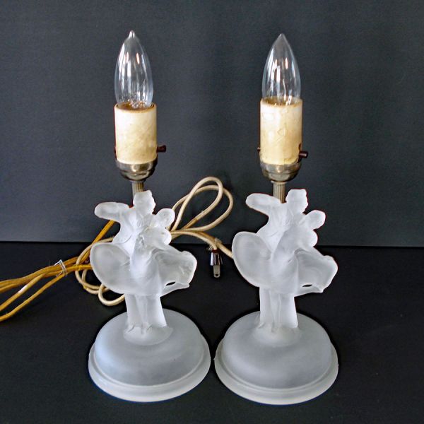 Pair 1930s Houze Satin Glass Deco Dancing Couple Boudoir Lamps #2