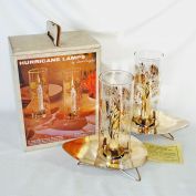 Mid Century 22k Glass Brass Hurricane Candle Lamps Boxed Set