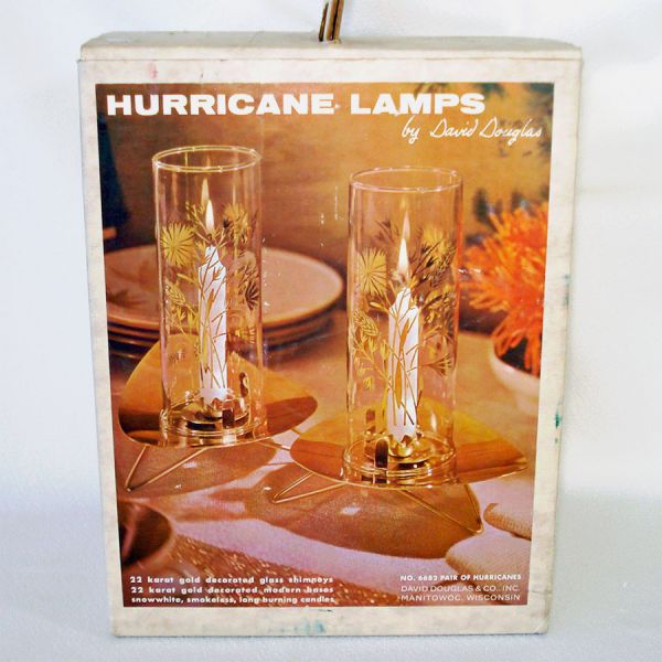 Mid Century 22k Glass Brass Hurricane Candle Lamps Boxed Set #2