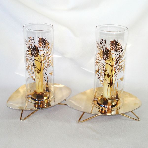 Mid Century 22k Glass Brass Hurricane Candle Lamps Boxed Set #3