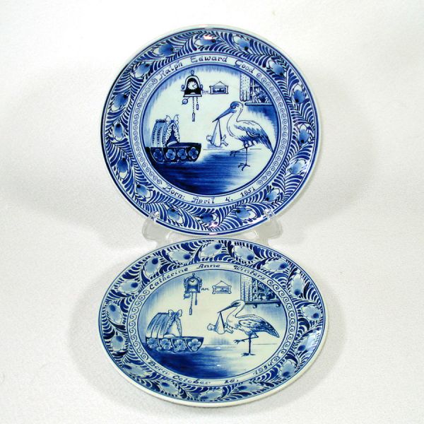Pair 1950s Delft Birth Plates With Baby and Stork Clearance