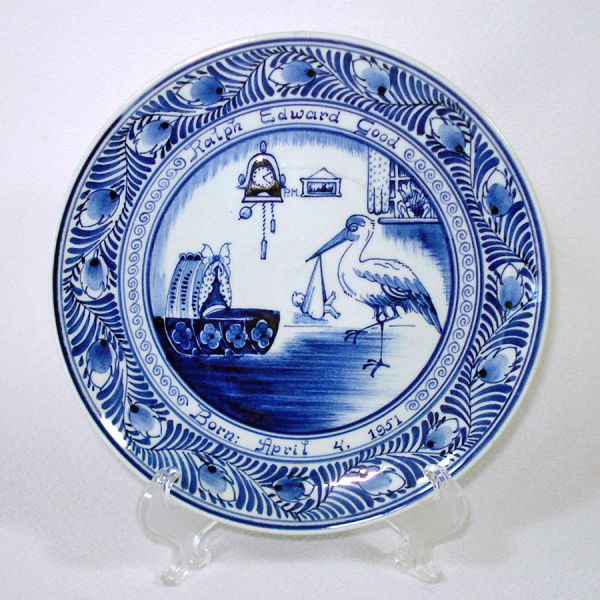 Pair 1950s Delft Birth Plates With Baby and Stork Clearance #2