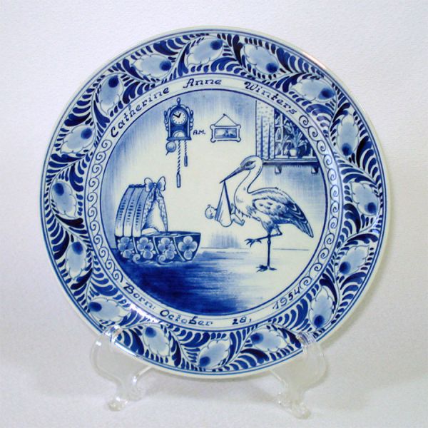 Pair 1950s Delft Birth Plates With Baby and Stork Clearance #4