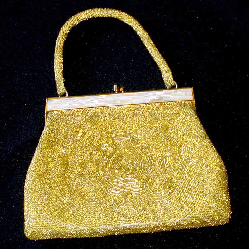 Copperton Lane: DeLill Gold Beaded Handbag Purse Mother of Pearl